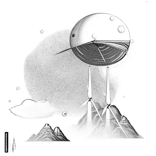 An extraterrestrial landscape with wind turbines and UFOs tattoo design idea