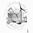 An extraterrestrial landscape with wind turbines and UFOs tattoo design idea