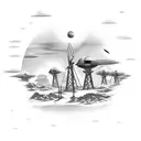 An extraterrestrial landscape with wind turbines and UFOs tattoo design idea