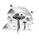 An extraterrestrial landscape with wind turbines and UFOs tattoo design idea