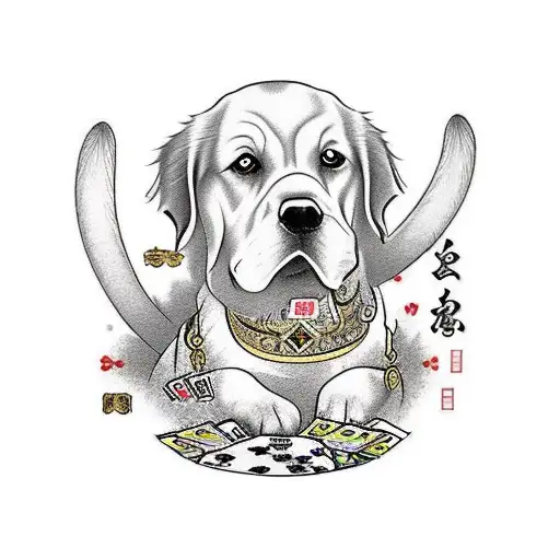 A royal flush of playing cards surrounded by golden retrievers tattoo design idea