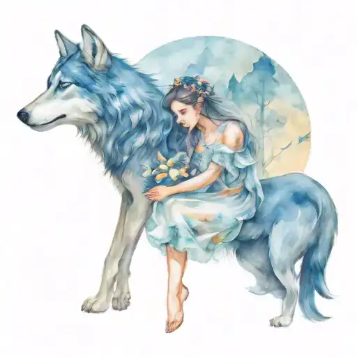 blue fairy in love with a wolf tattoo design idea