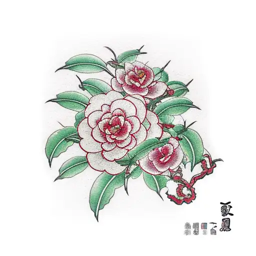 Japanese red Camellias bunch with vines sleeve tattoo design idea