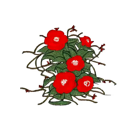 Japanese red Camellias bunch with vines sleeve tattoo design idea