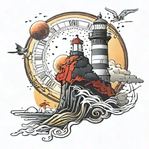 in space lighthouse with red wall and yellow light, a clock-shaped planet,nature beauty, birds flying around it tattoo design idea