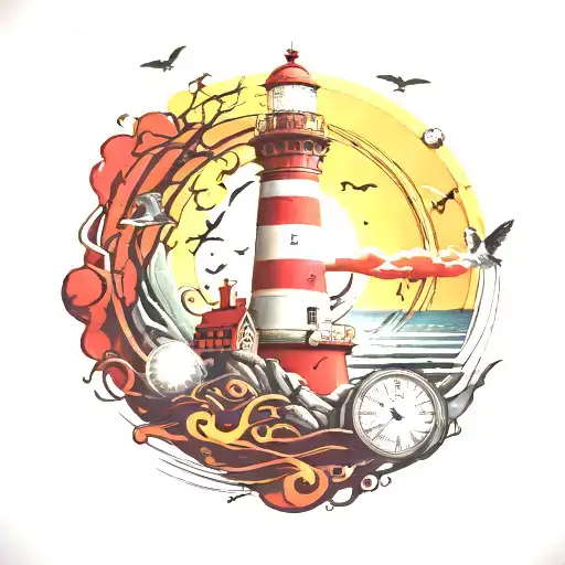 background space, lighthouse with red wall and yellow light, a clock-shaped planet,nature beauty, birds flying around it tattoo design idea