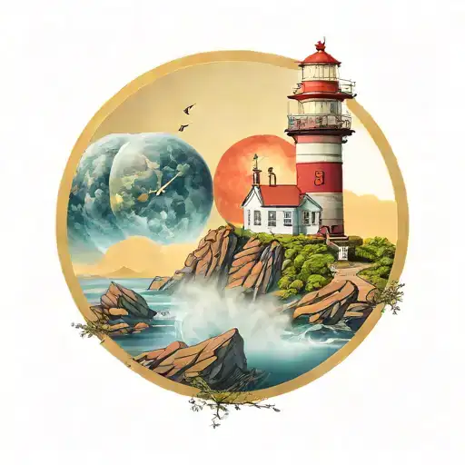 lighthouse with red wall and yellow light,a clock-shaped planet in the space,nature beauty,birds tattoo design idea