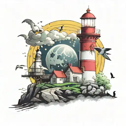 background space, lighthouse with red wall and yellow light, a clock-shaped planet and birds flying around it tattoo design idea
