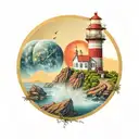 lighthouse with red wall and yellow light,a clock-shaped planet in the space,nature beauty,birds tattoo design idea