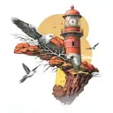 lighthouse with red wall and yellow light,a clock-shaped planet in the space,nature beauty,birds tattoo design idea