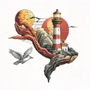 lighthouse with red wall and yellow light,a clock-shaped planet in the space,nature beauty,birds tattoo design idea