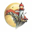 lighthouse with red wall and yellow light,a clock-shaped planet in the space,nature beauty,birds tattoo design idea
