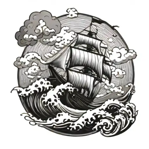 wave with roman ship sailing through stormy tattoo design idea