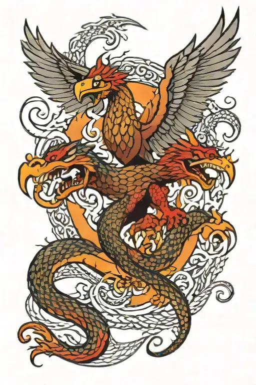 a battle between a snake,eagle and dragon flying tattoo design idea