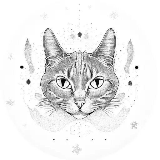 A mechanical cat floating in space surrounded by snowflakes tattoo design idea