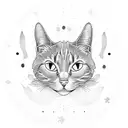 A mechanical cat floating in space surrounded by snowflakes tattoo design idea