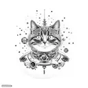 A mechanical cat floating in space surrounded by snowflakes tattoo design idea