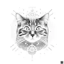 A mechanical cat floating in space surrounded by snowflakes tattoo design idea