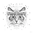 A mechanical cat floating in space surrounded by snowflakes tattoo design idea