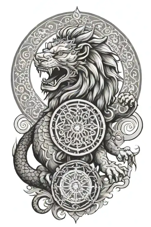 Generate an arm tattoo by creating a lion hybrid dragon as mandala pattern  Number 8 as kanji characters ‘Kanak suresh’  tattoo design idea