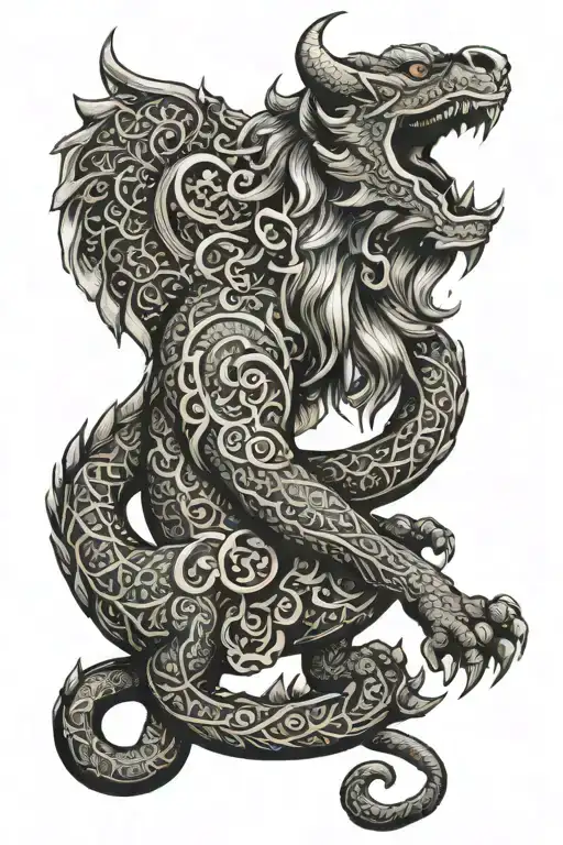 Generate an arm tattoo by creating a lion hybrid dragon as mandala pattern  Number 8 as kanji characters ‘Kanak suresh’  tattoo design idea