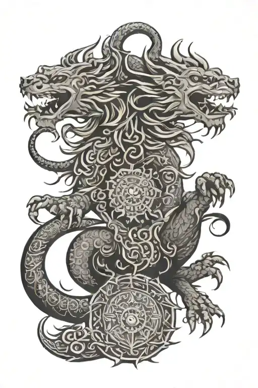 Generate an arm tattoo by creating a lion hybrid dragon as mandala pattern  Number 8 as kanji characters ‘Kanak suresh’  tattoo design idea