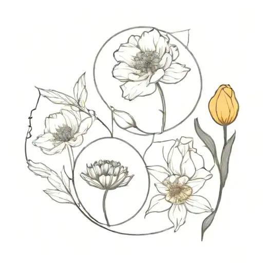 a carnation, a poppy flower, an astor, and a  daffodil tattoo design idea