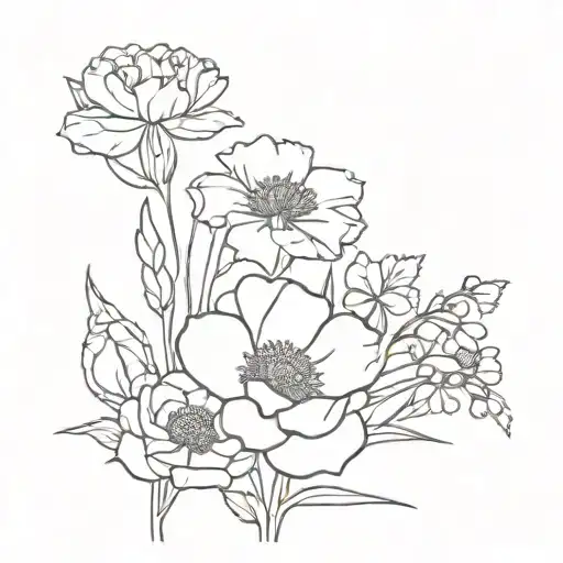 simple bouquet of a carnation, a poppy, an astor, a daffodil, and a larkspur tattoo design idea