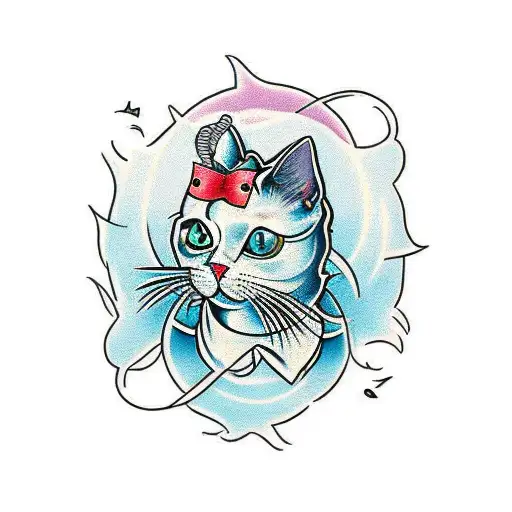 create a trashy tattoo illustration of an old school style cat tattoo design idea