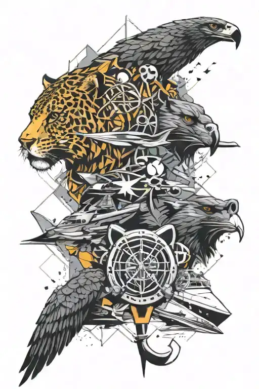 An abstract geometric design incorporating elements of panthers, eagles, hockey, and boats tattoo design idea