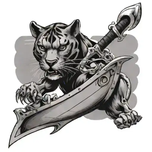 A panther with Viking horns and pirate swords in its claws, standing on a boat tattoo design idea