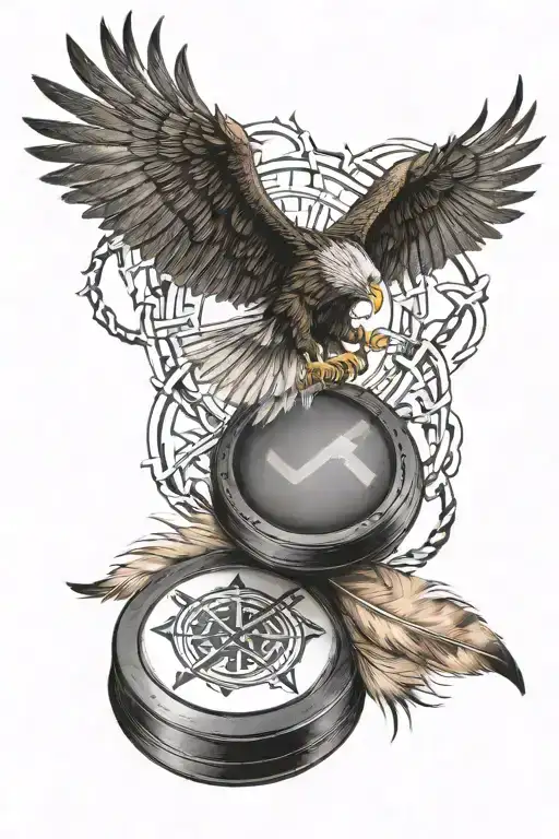 A hockey puck with Viking runes and eagle feathers tattoo design idea