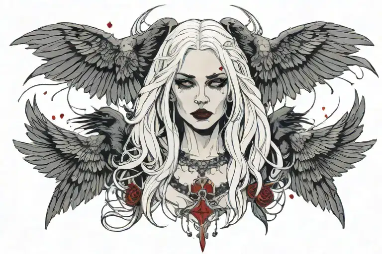 Geometric, Gothic, Neckless, Long White Hair, Vampire Female Face, Blood Drops On Lips, Raven Wings tattoo design idea