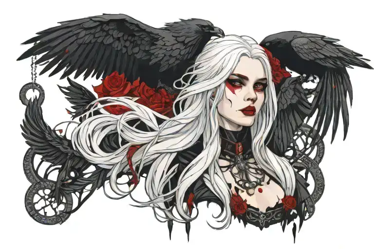 Geometric, Gothic, Neckless, Long White Hair, Vampire Female Face, Blood Drops On Lips, Raven Wings tattoo design idea