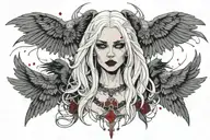 Geometric, Gothic, Neckless, Long White Hair, Vampire Female Face, Blood Drops On Lips, Raven Wings tattoo design idea