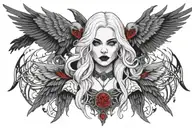 Geometric, Gothic, Neckless, Long White Hair, Vampire Female Face, Blood Drops On Lips, Raven Wings tattoo design idea