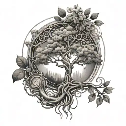A tattoo representing the constant strive for self-improvement and growth, with a tree of life motif intertwined with elements of nature and technology tattoo design idea