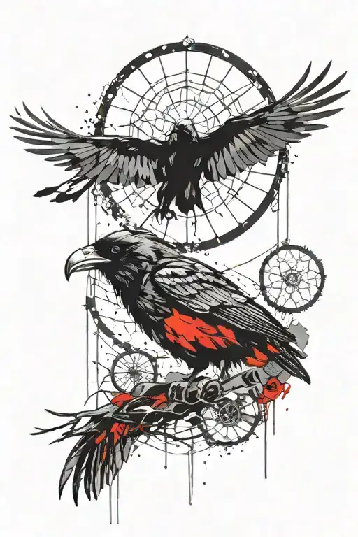 Raven perched on skull with dream catcher   tattoo design idea
