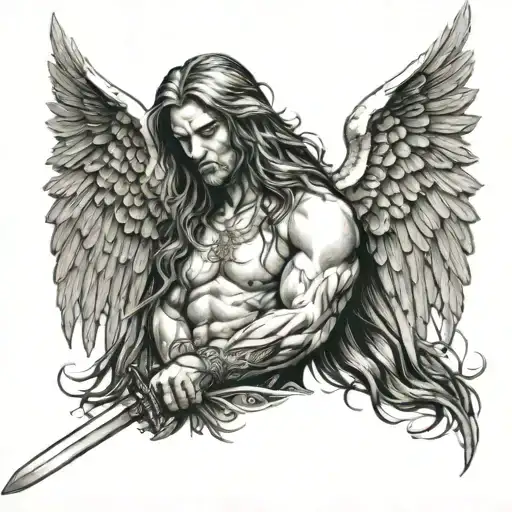 angel with long hair, face with wings and sword tattoo design idea