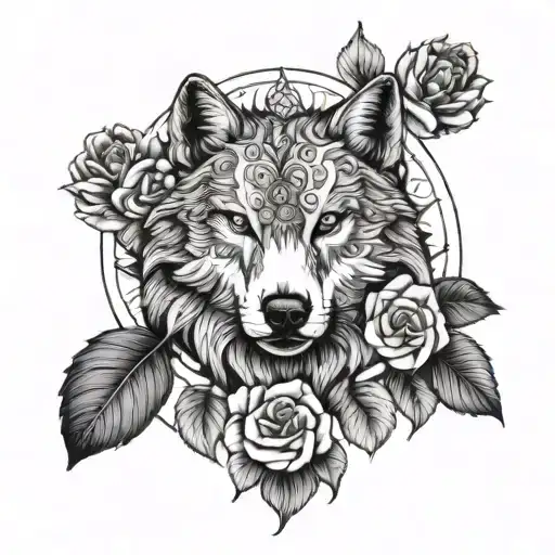 A mandala with a wolf's head at the center surrounded by roses and leaves tattoo design idea