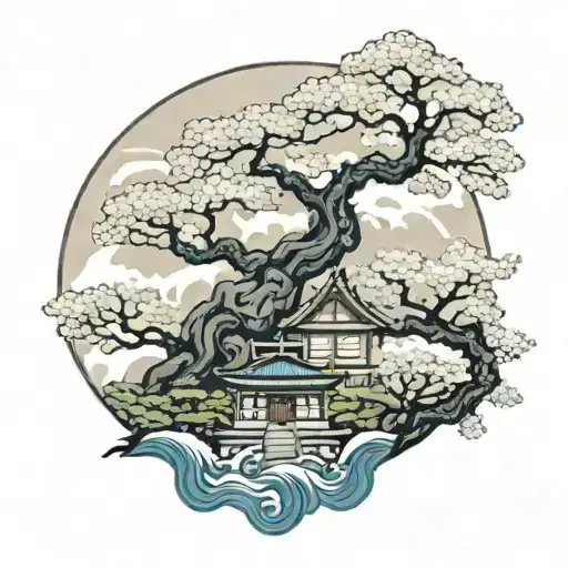 almond tree, japanese temple , merging souls, yin and yang tattoo design idea