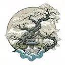 almond tree, japanese temple , merging souls, yin and yang tattoo design idea