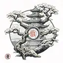 almond tree, japanese temple , merging souls, yin and yang tattoo design idea