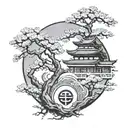 almond tree, japanese temple , merging souls, yin and yang tattoo design idea