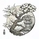 almond tree, japanese temple , merging souls, yin and yang tattoo design idea