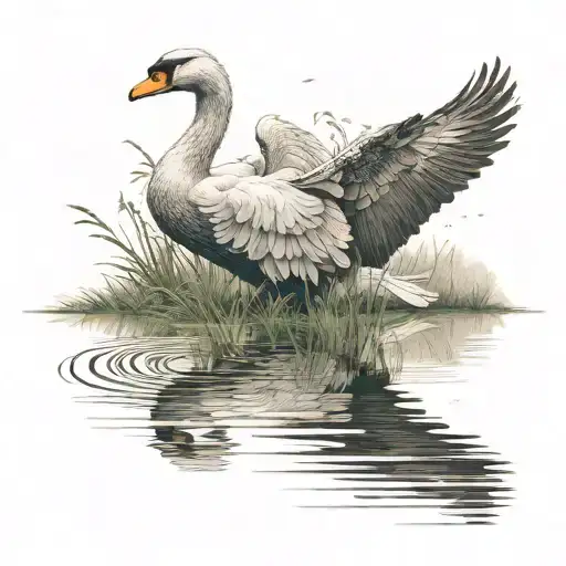 a swan in a pond with an eagle flying over it  tattoo design idea