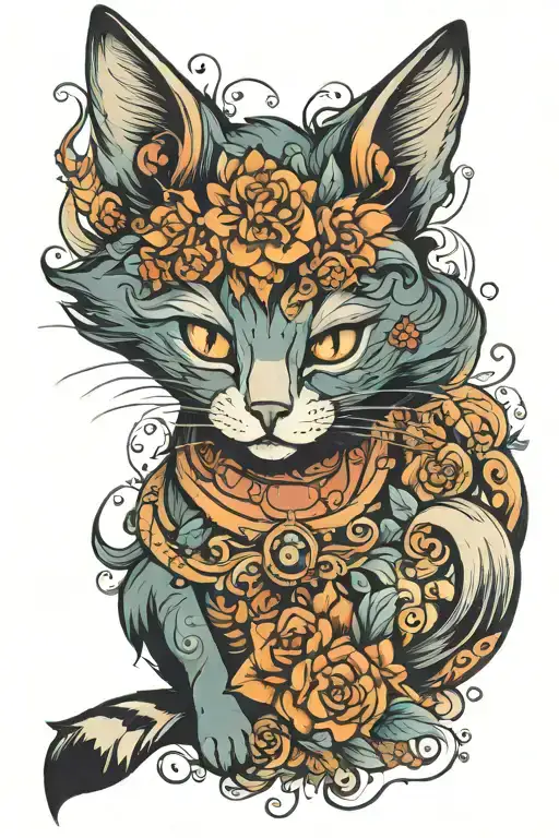 Cat en fox curled tattoo design idea
