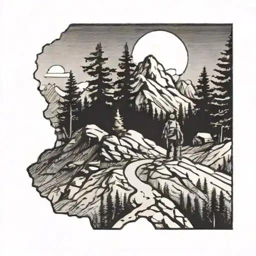 hiker far away in the mountains and trees and sun tattoo design idea