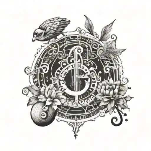 A tattoo design combining elements of philosophy, music, and mythology in a harmonious balance tattoo design idea
