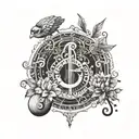 A tattoo design combining elements of philosophy, music, and mythology in a harmonious balance tattoo design idea